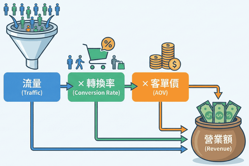 電商經營新手必看的三大黃金獲利公式圖解,包含流量獲取、轉換率提升與客單價優化的實戰策略