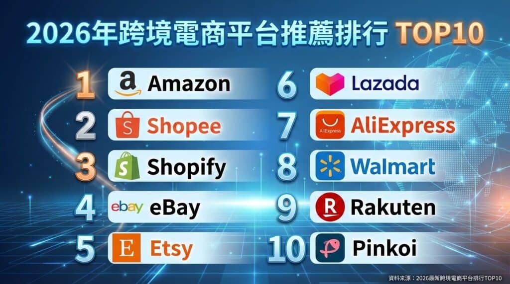 2026 跨境電商平台 TOP10 推薦排行比較表:含 Amazon、Shopify、Shopee、Etsy 等 10 大平台的核心市場、流量模式、進入門檻與品牌建立難易度分析。